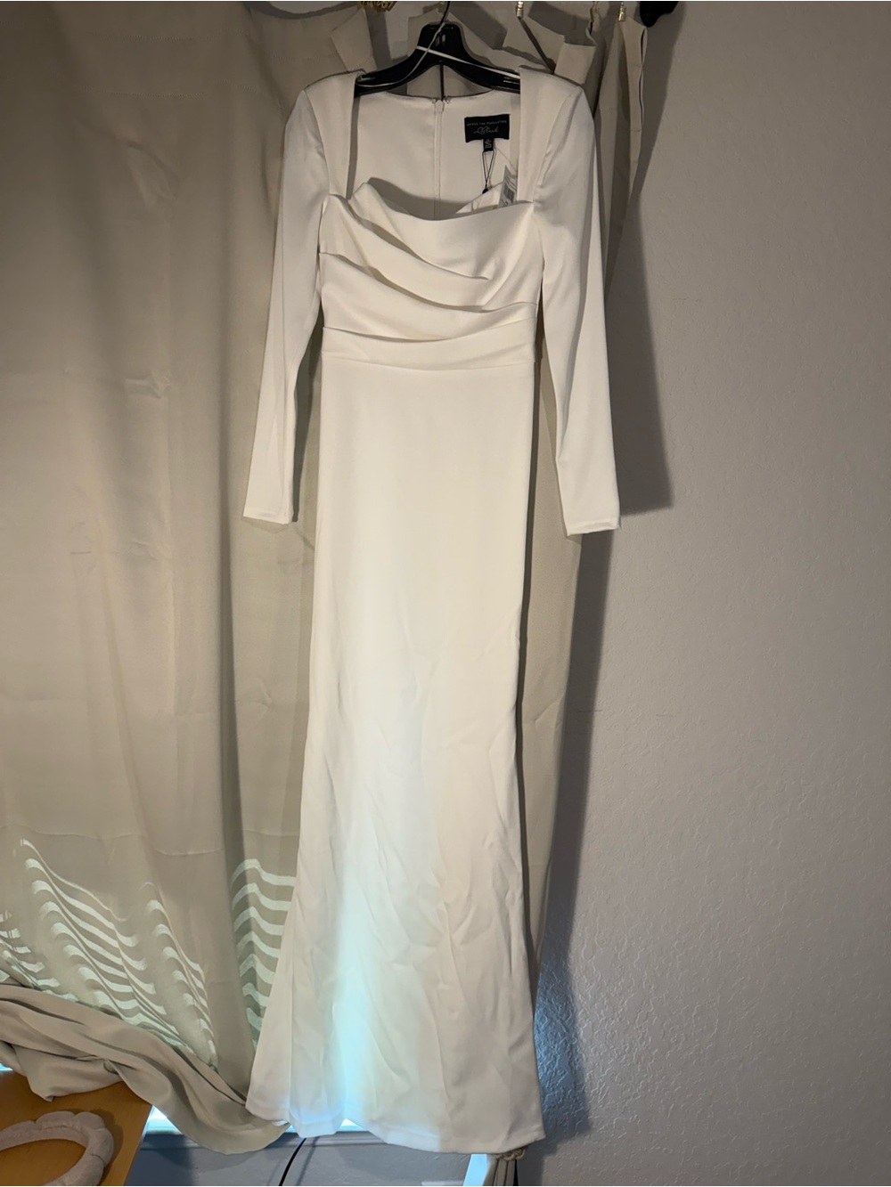 Dress the Population White Long Sleeve Maxi Dress with Draped Bodice